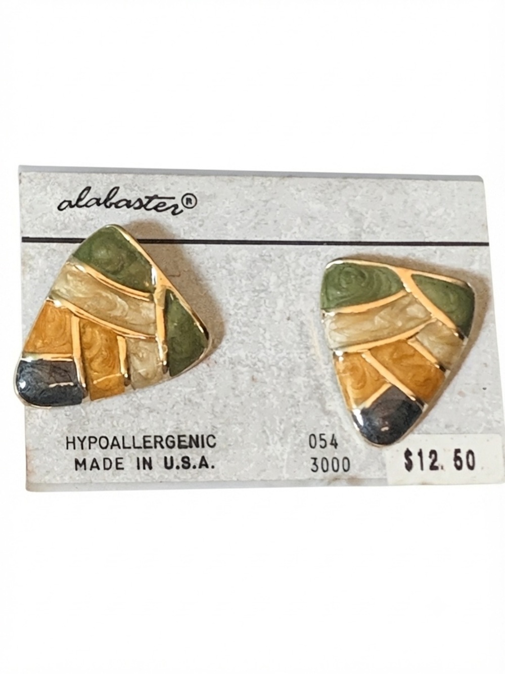Vintage Alabaster Triangular Inlay Stud Earrings Green Gold Cream Black 80s 90s